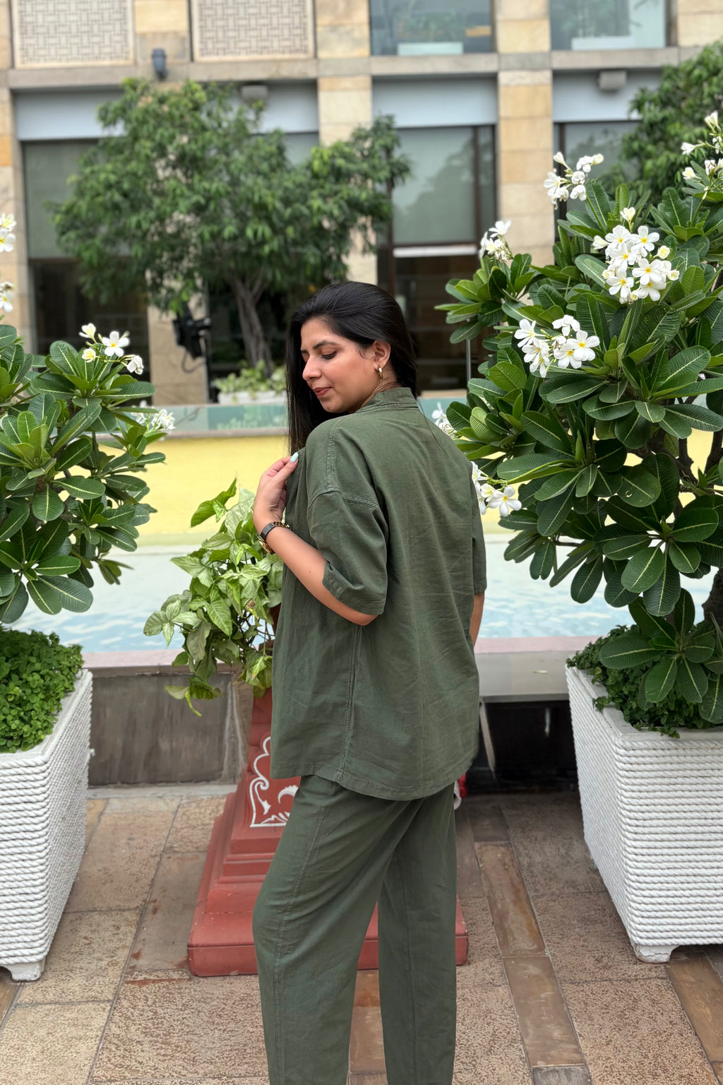 Olive Green Linen Co-ord- Shirt + Pants (2-piece)