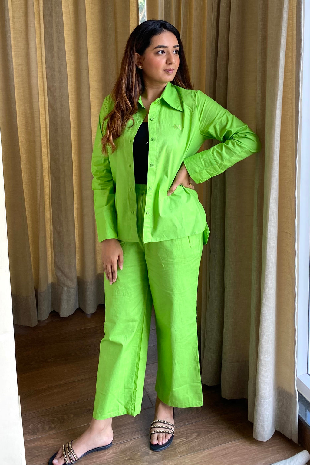 Light Green Pants Co-ord with Black T-shirt Bramisole (3-piece)