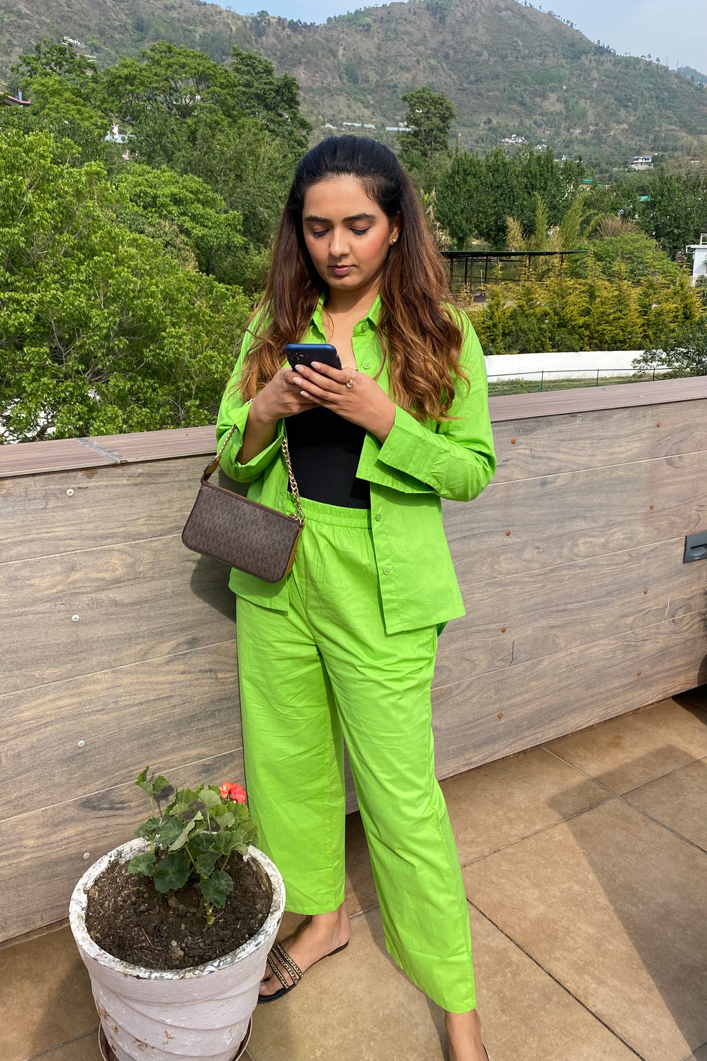 Light Green Pants Co-ord with Black T-shirt Bramisole (3-piece)